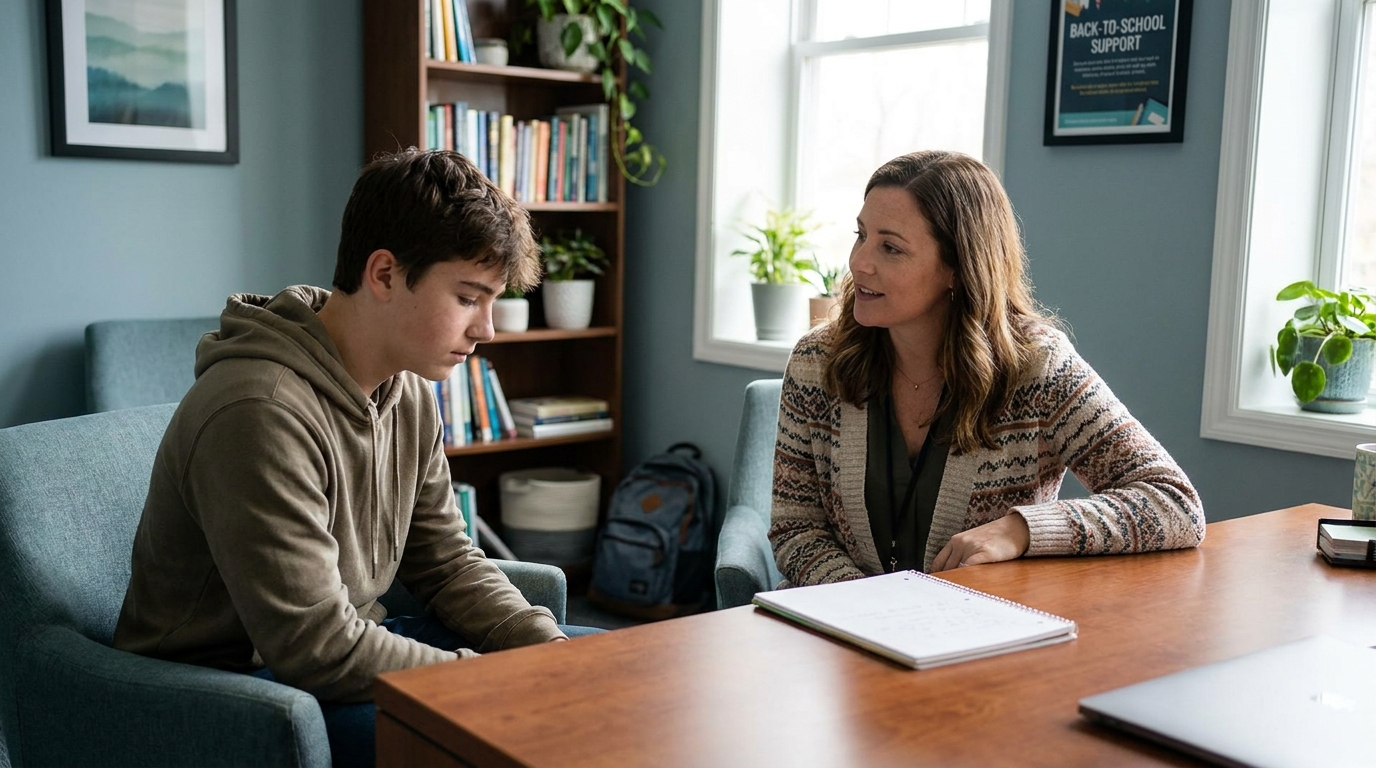 A supportive teen counseling session helping a student manage back-to-school anxiety and stress