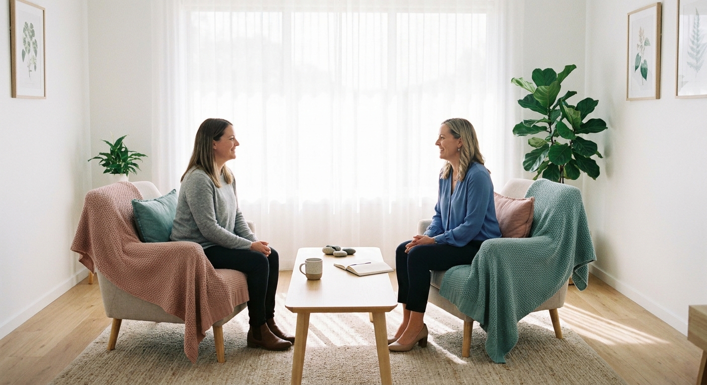 Therapist and adult client in a supportive, comfortable counseling session discussing neurodivergent therapy approaches