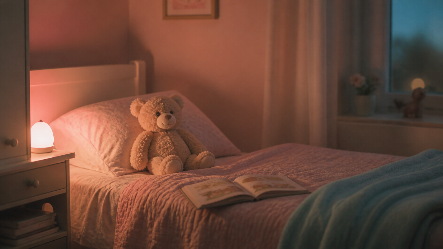 Cozy child bedroom at night with a teddy bear, a soft blush pink nightlight and a teal blanket